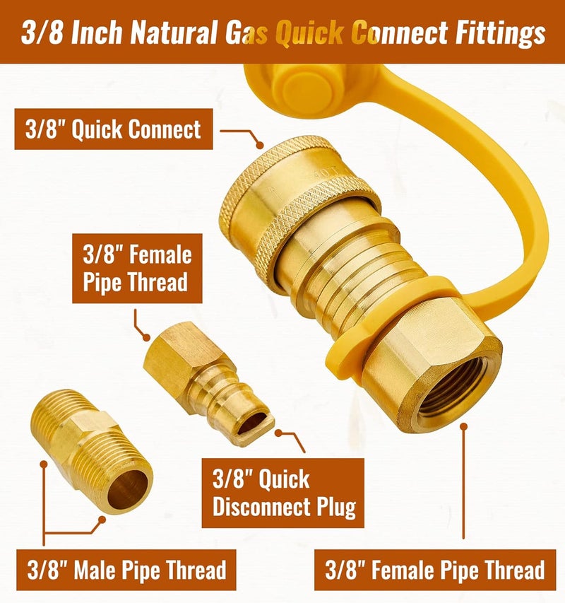 CALPOSE 3/8 Inch Natural Gas Quick Connect Fittings, 100% Solid Brass LP Gas Propane Hose Quick Disconnect Kit - Image 2